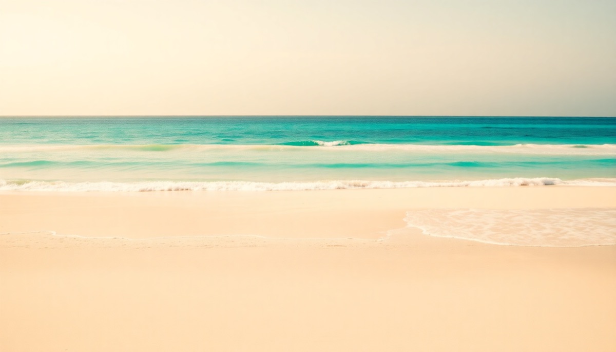 A pristine, empty Caribbean beach with turquoise water and palms