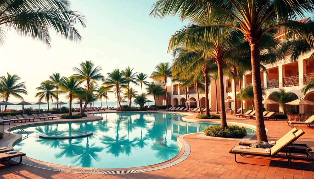 A palm-fringed tropical resort pool in warm afternoon light