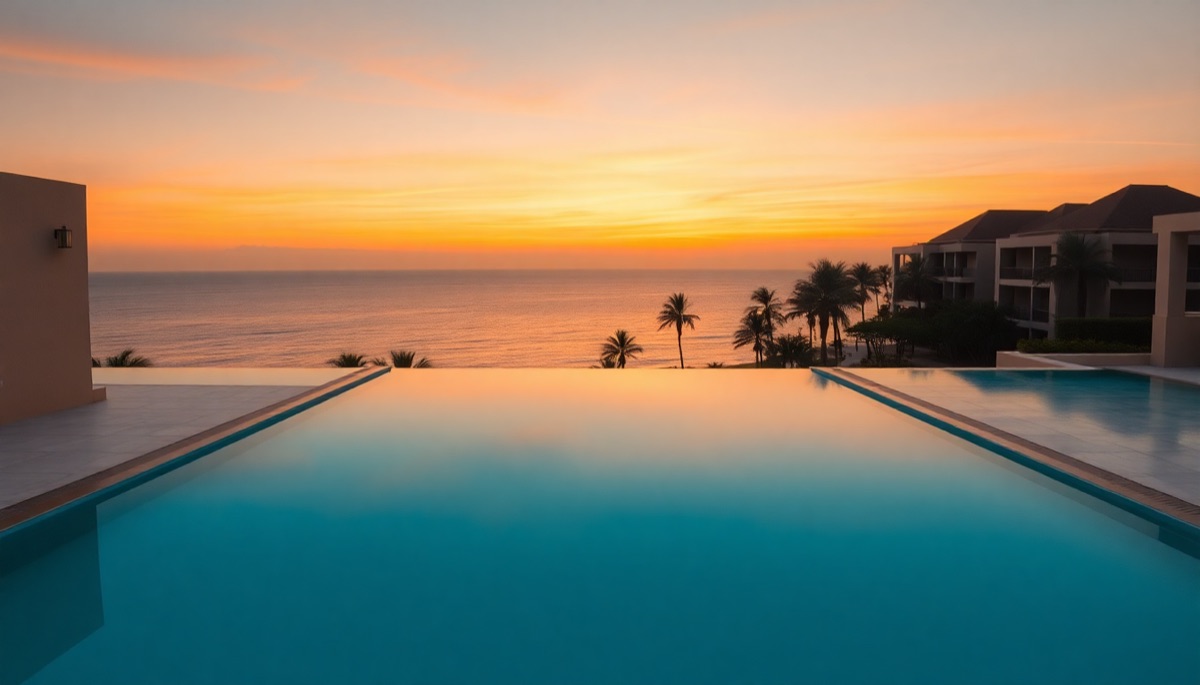 An empty infinity pool at dusk overlooking the Caribbean sea
