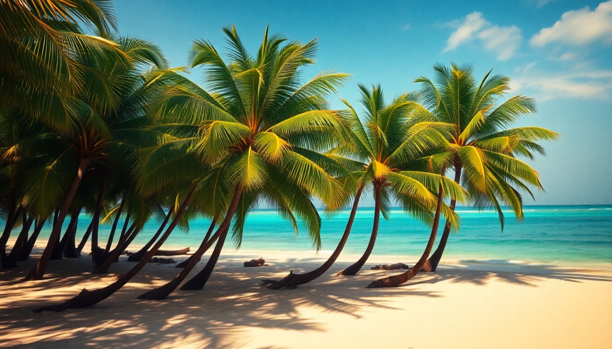 Palms and a calm Caribbean beach at golden hour in Negril, Jamaica