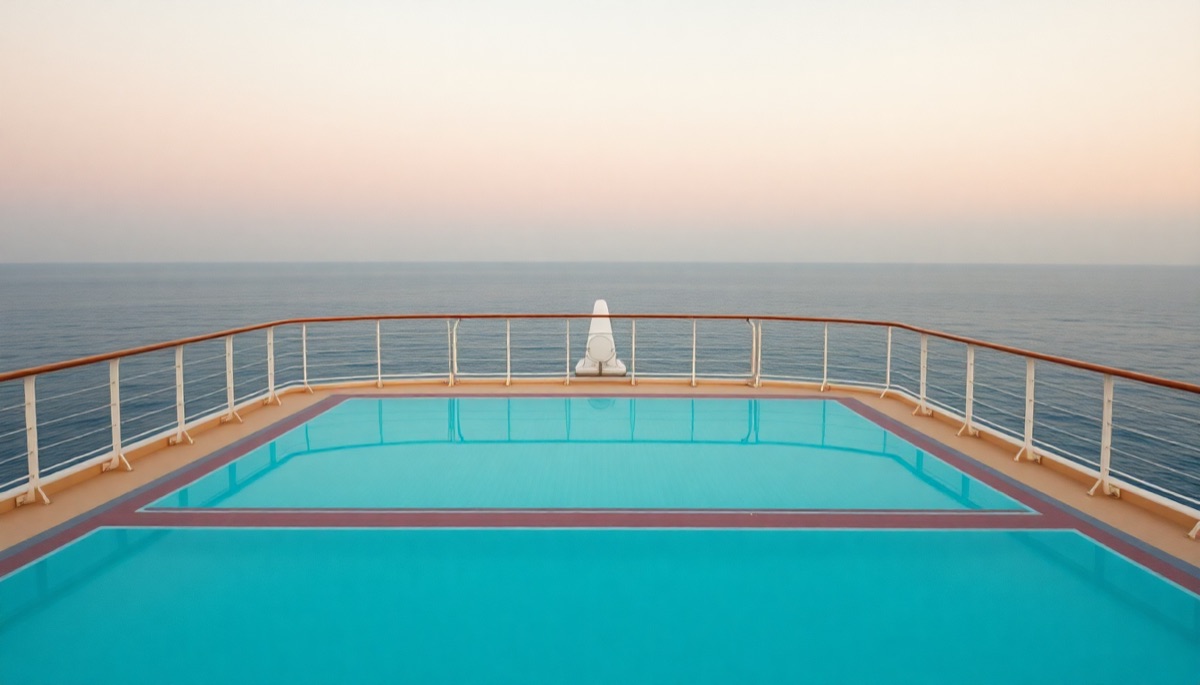 An empty cruise-ship pool deck overlooking a calm sea at dusk