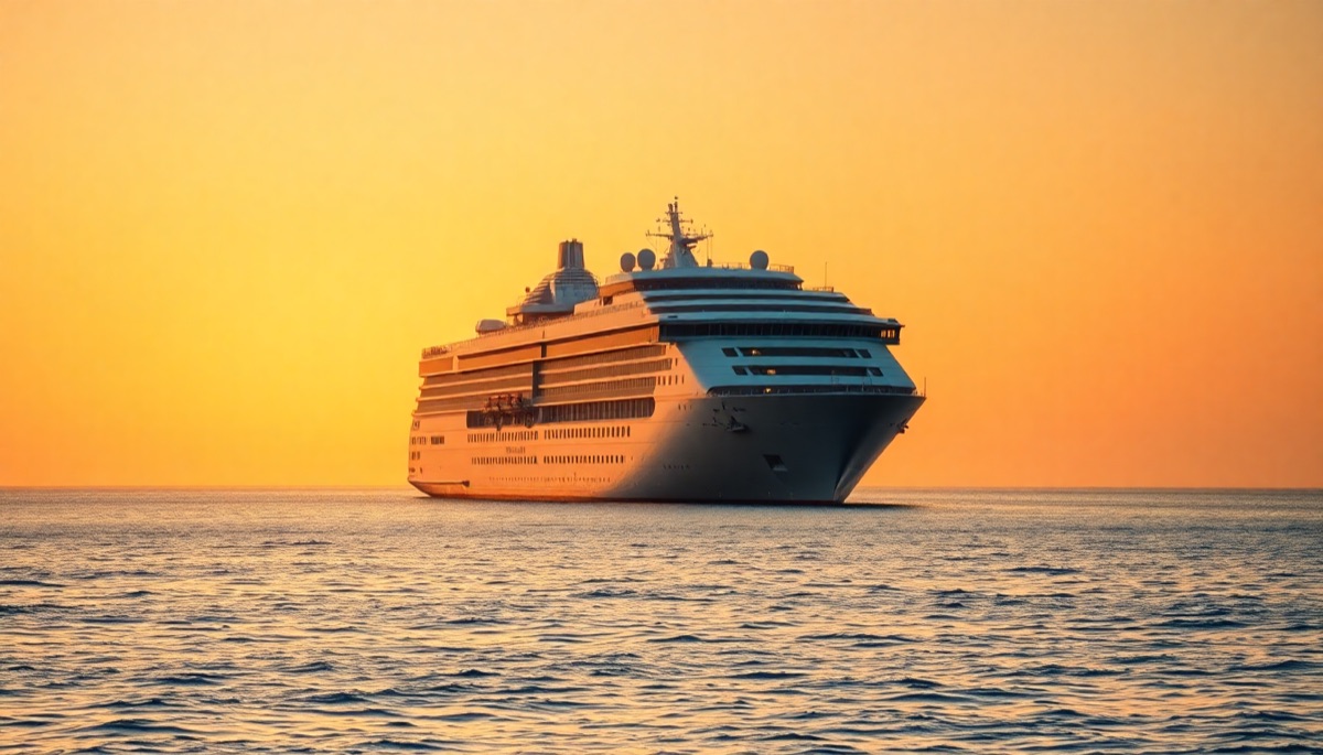 A cruise ship on a calm ocean at golden hour